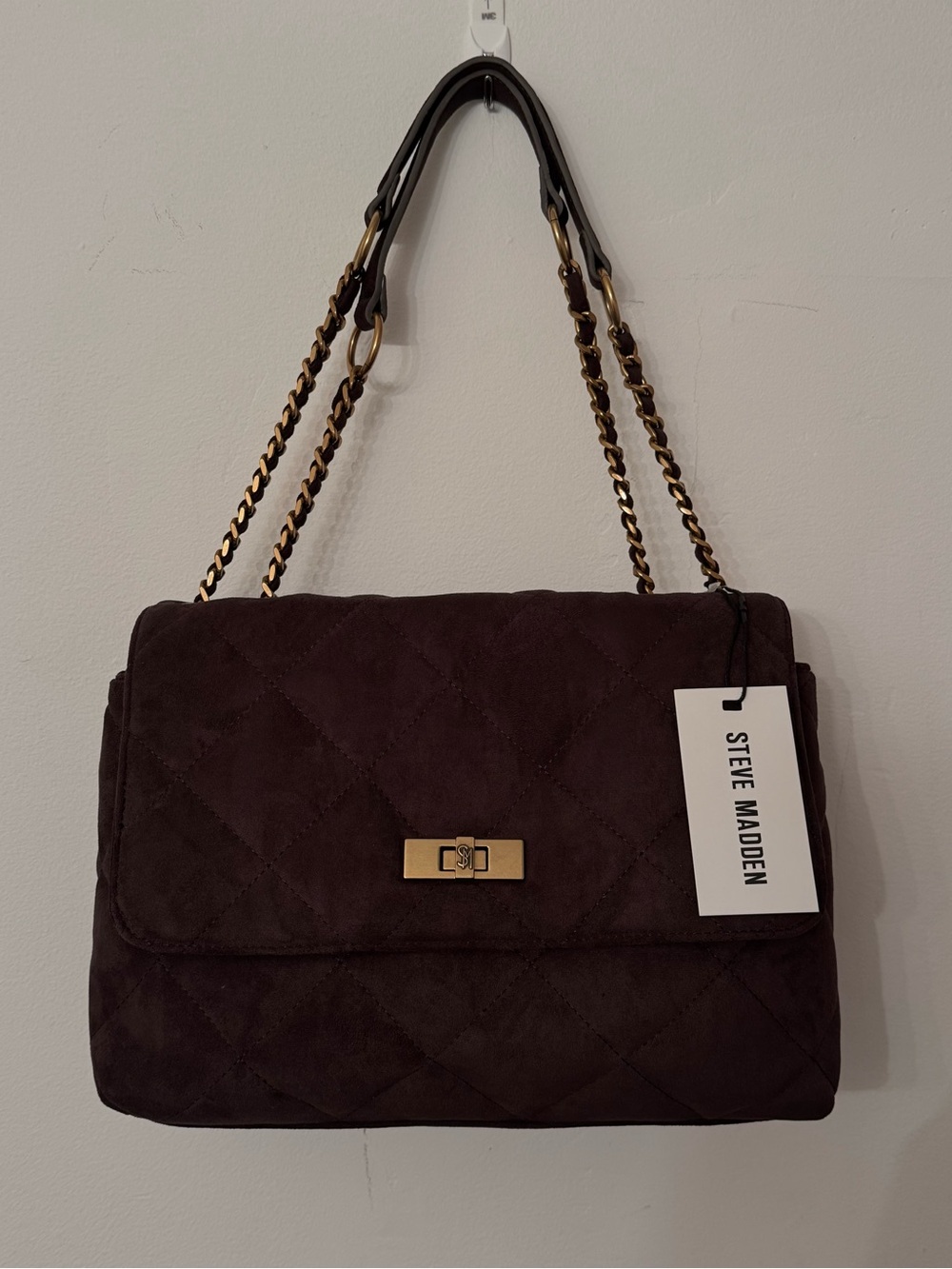 Steve Madden Quilted Suede Shoulder Bag in Dark Brown with Gold Hardware